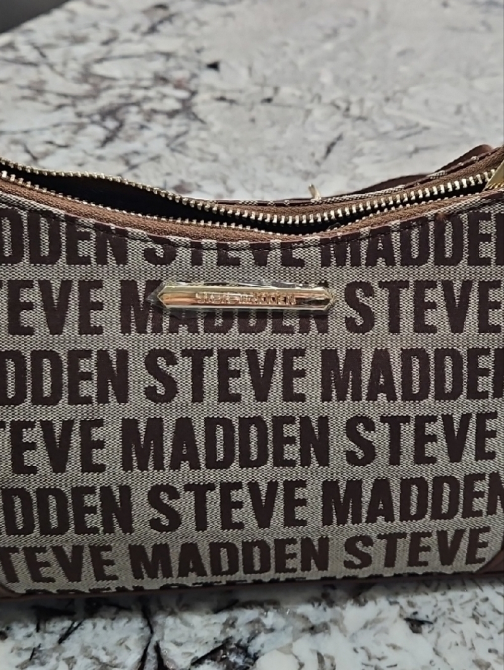 Steve Madden Brown Logo-Print Wristlet Pouch